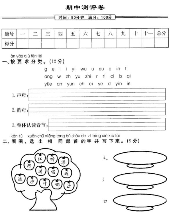 人教部编版一年级上册语文期中测评卷及答案pdf资源免费下载