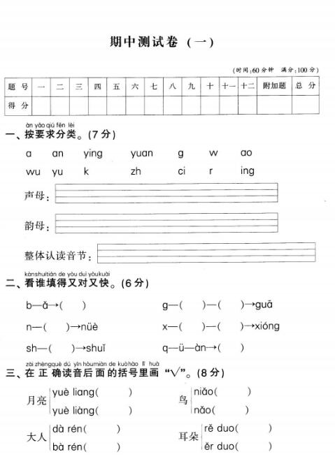 2019-2020学年第一学期一年级语文期中测试卷(一)pdf资源下载