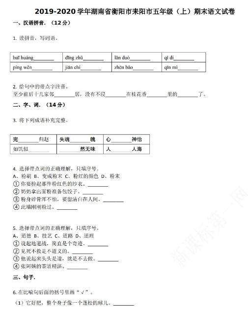 衡阳市耒阳市2019-2020学年五年级语文上册期末试卷资源免费下载