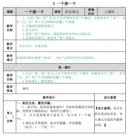 2021年部编版一年级第3课一个接一个教案资源免费下载