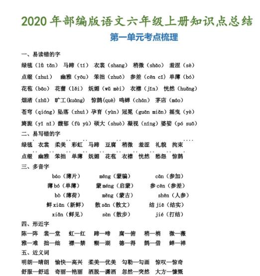 部编版语文六年级上册知识点总结百度网盘资源免费下载