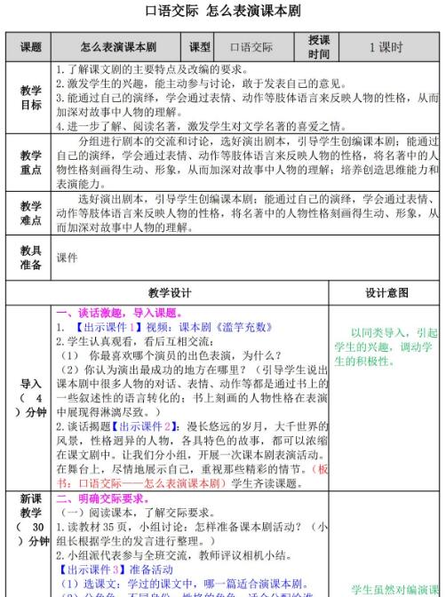 2021部编版五年级下册口语交际：怎么表演课本剧教案资源免费下载