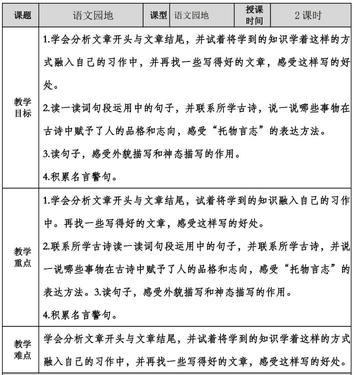 六年级下册第四单元语文园地教案及作业题文档资源免费下载