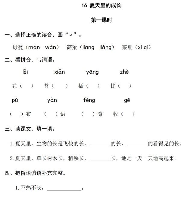 六年级语文上册第五单元课堂练习题及答案文档资源免费下载