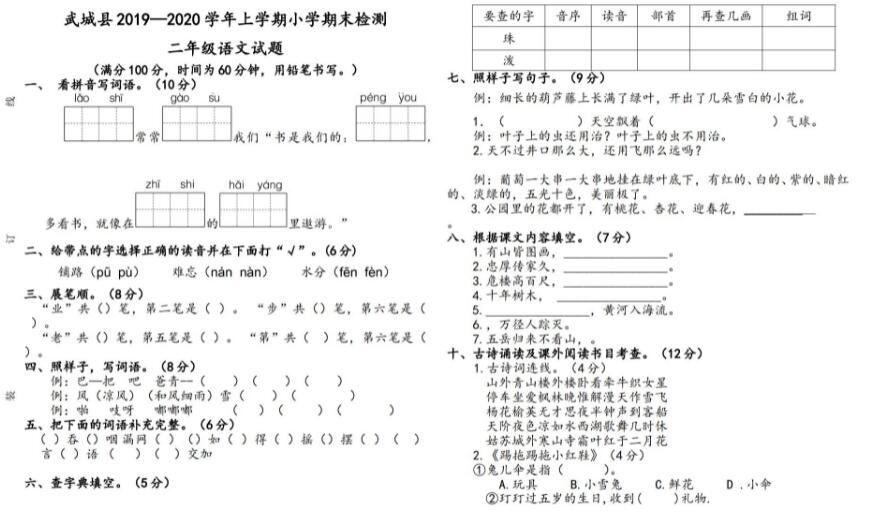 武城县2020学年上学期语文二年级期末检测试题文档免费下载